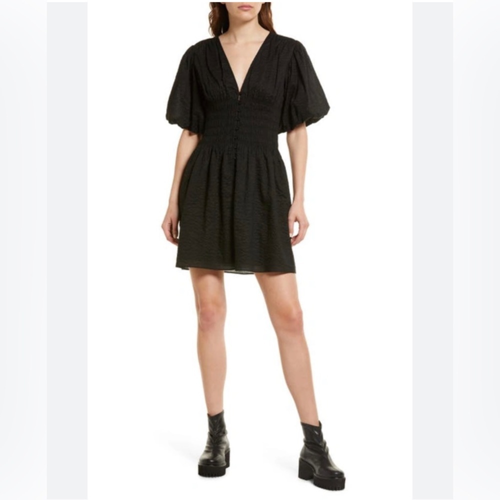 Frame Black Cotton Smocked Puffed Sleeve Dress Size XL